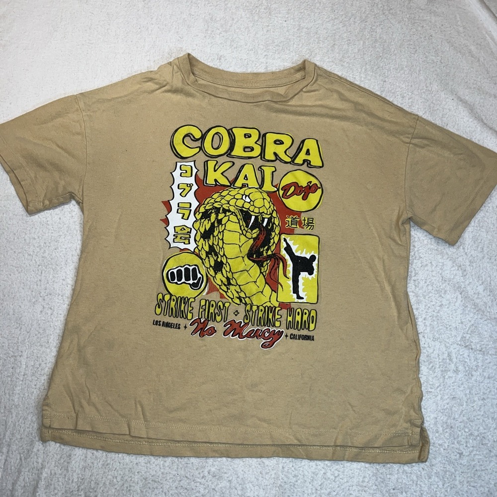 Cobra Kai Strike First Strike Card No Mercy Tan Kids Med Tshirt Gap kids Karate